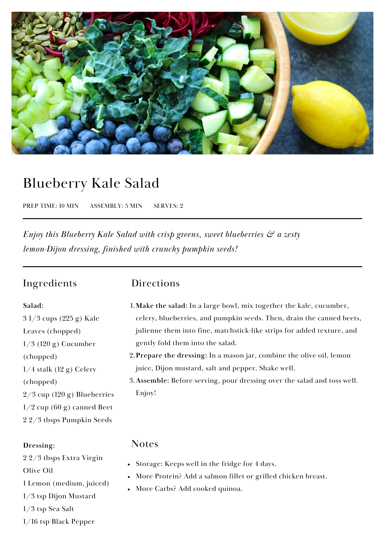 Low-FODMAP lunch recipe showcasing a vibrant Blueberry Kale Salad with crisp greens, juicy blueberries, and crunchy pumpkin seeds, dressed with a lemon-Dijon vinaigrette.