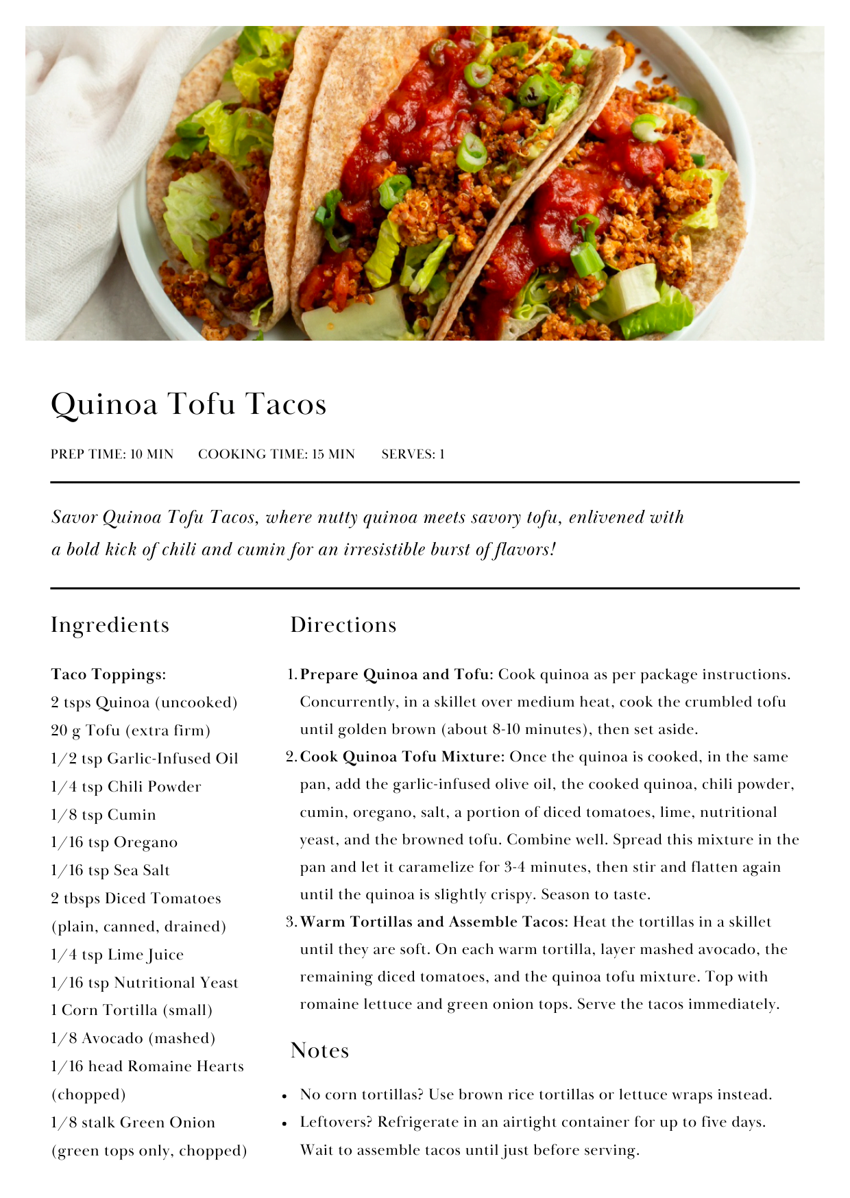 Low-FODMAP dinner recipe of Quinoa Tofu Tacos, filled with a savory mixture of quinoa and tofu, seasoned with chili and cumin, and topped with fresh greens and green onions in corn tortillas.